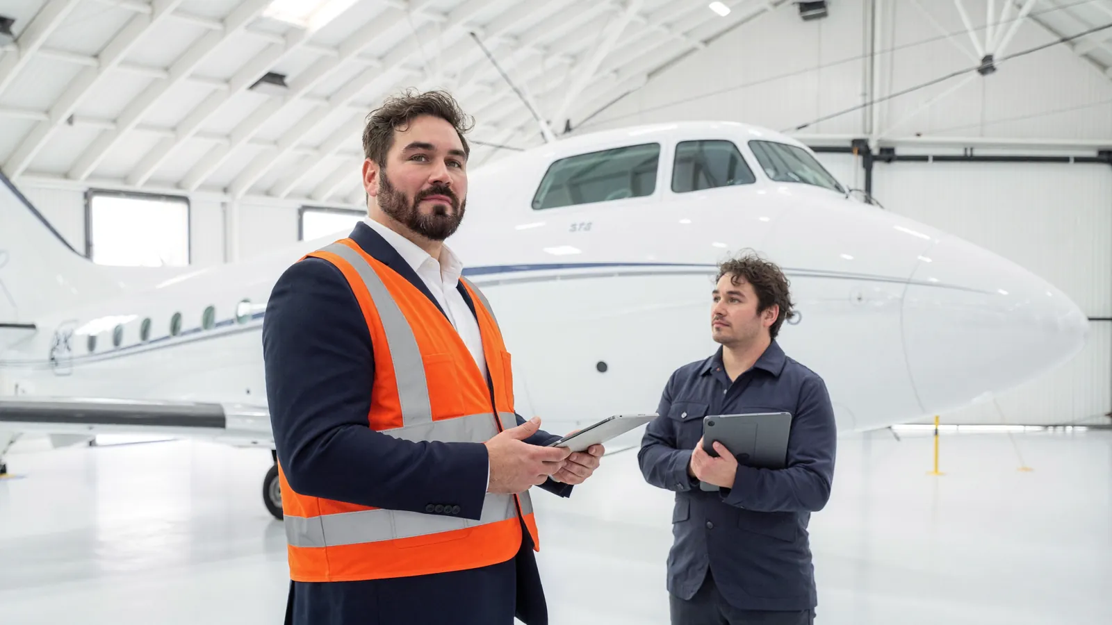 Ivo Schönberner talking to a technician in the hangar