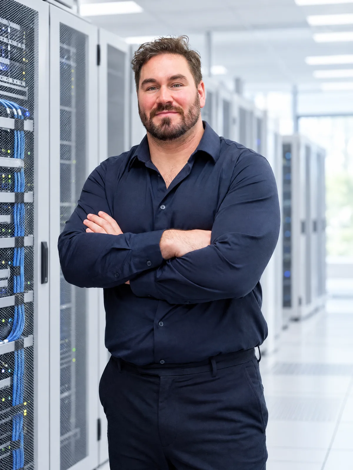 Ivo Schönberner with arms crossed in the aisle of a bright server room