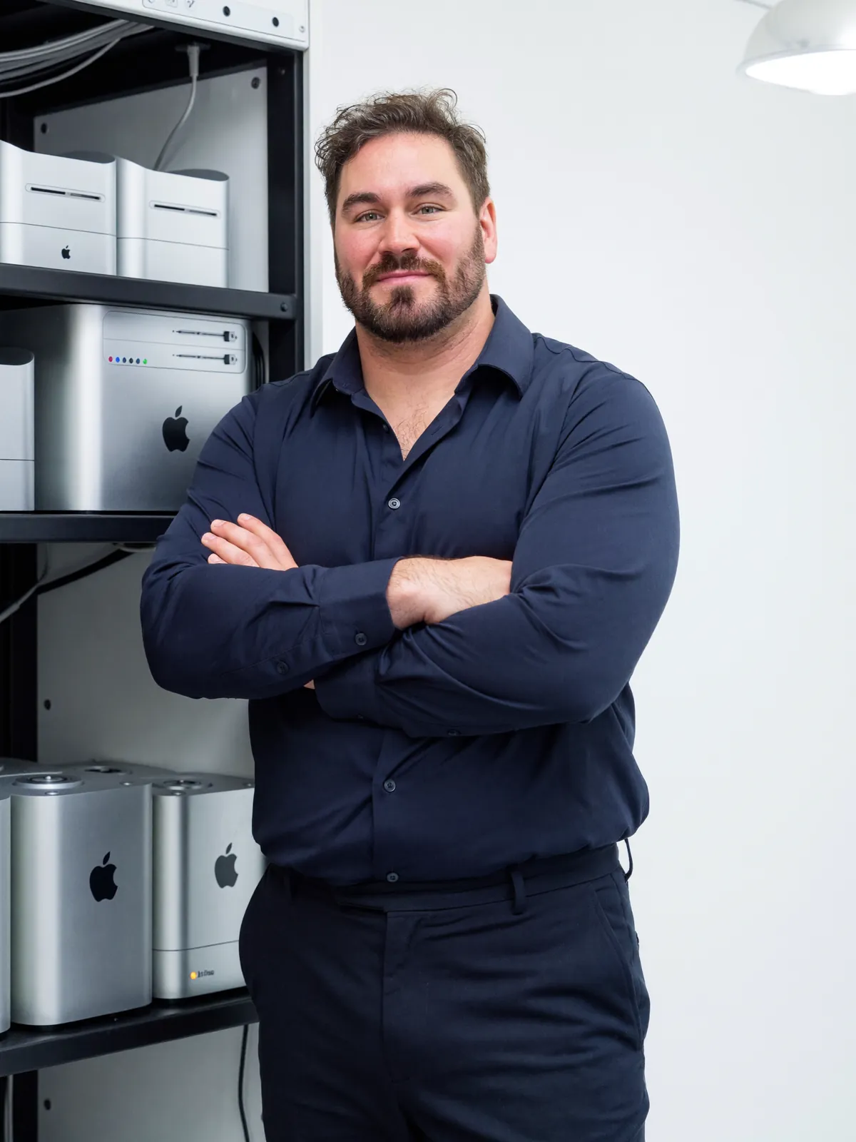Ivo Schönberner neben einem Rack mit Rechnern in einem hellen Serverraum
